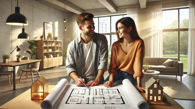 Pareja joven revisando planos en su nuevo apartamento moderno en 2025