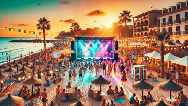 Vista panorámica de una playa al atardecer con un escenario iluminado con luces de colores frente a una multitud bailando sobre la arena, rodeada de sombrillas de paja, palmeras, mesas bajas y edificios costeros decorados con guirnaldas de luces.