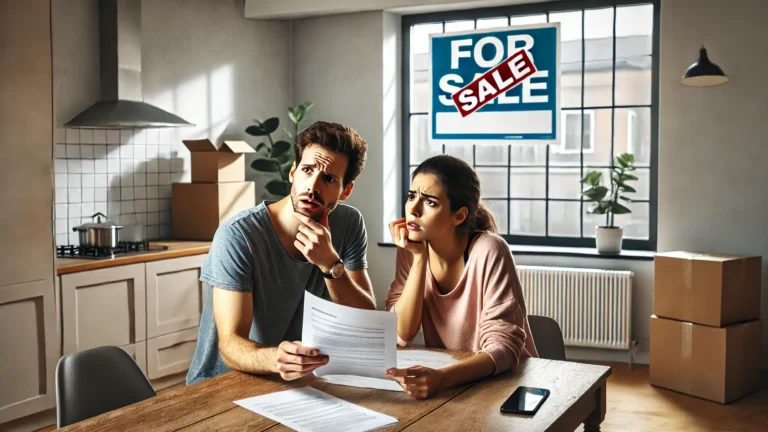 Pareja preocupada revisando papeles en su comedor, con cartel de "Se vende" visible por la ventana.