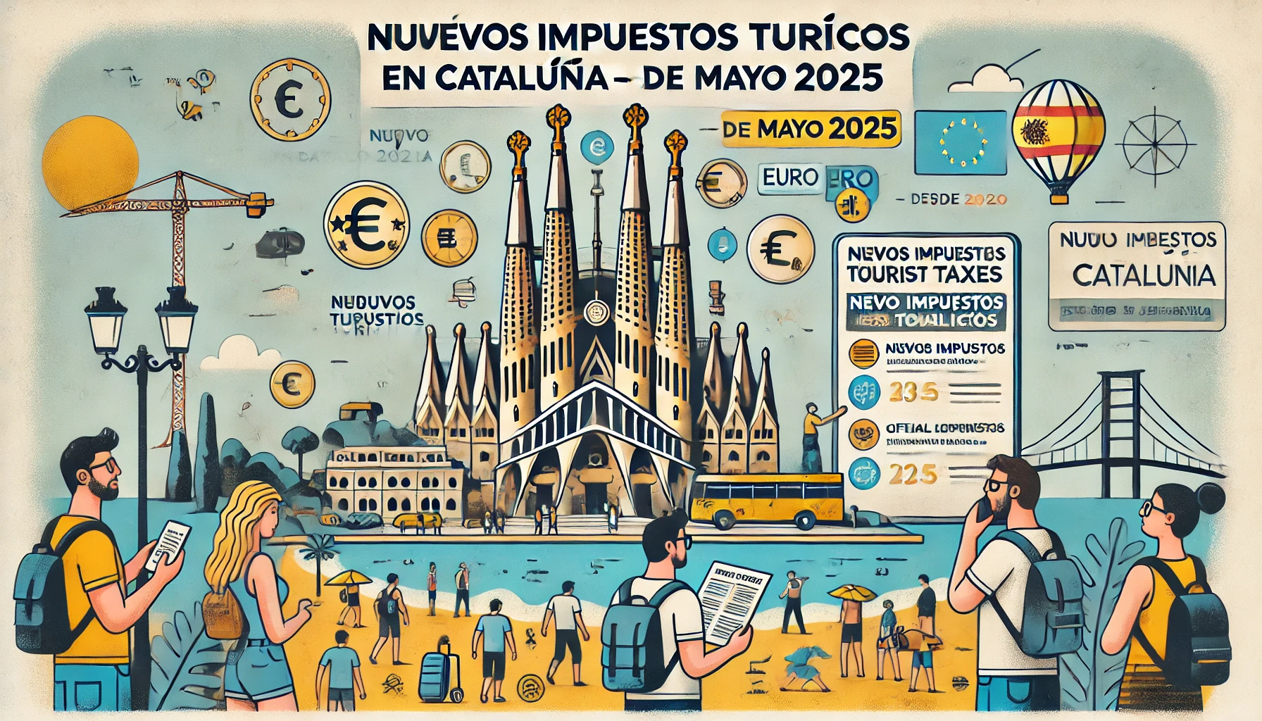 Impuestos turísticos en Cataluña 2025: turistas en Barcelona consultan nueva normativa.