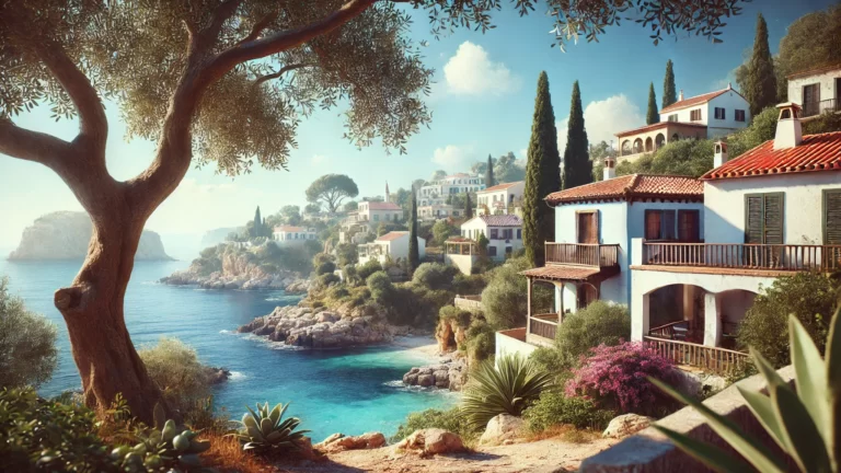 aisaje mediterráneo realista con casas blancas de estilo tradicional y tejados de terracota junto al mar azul. Vegetación típica como olivos, cipreses y buganvillas rodea las viviendas. Vista soleada y tranquila ideal del litoral del sur de España.