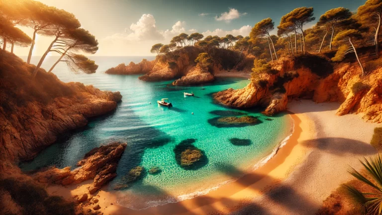 Vista aérea de una playa mediterránea con arena dorada y aguas turquesas, representando las playas de Tarragona