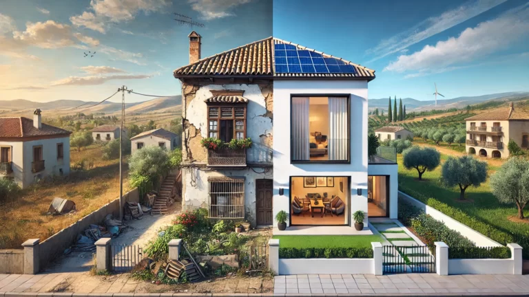 Comparativa visual de dos viviendas en un entorno mediterráneo español: una casa antigua y deteriorada junto a una casa renovada, moderna y energéticamente eficiente. El contraste refleja el impacto de las reformas en el valor de reventa de una propiedad.