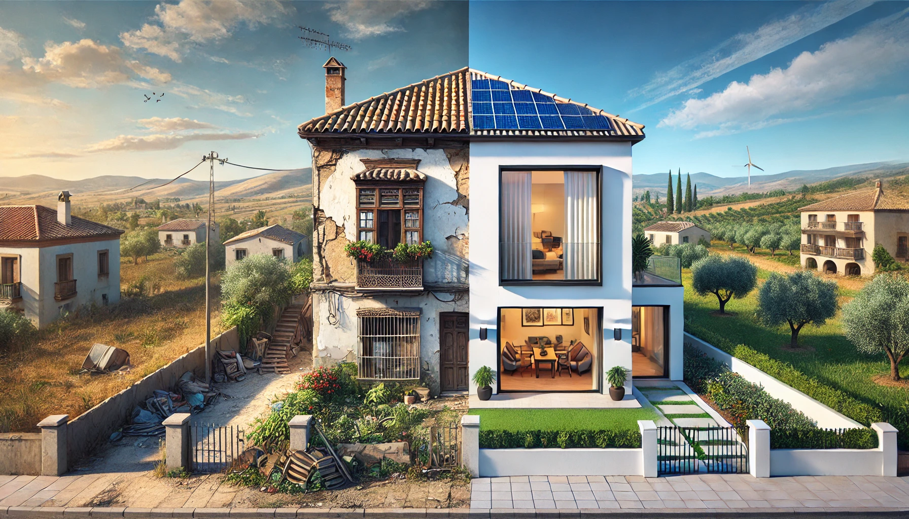 Comparativa visual de dos viviendas en un entorno mediterráneo español: una casa antigua y deteriorada junto a una casa renovada, moderna y energéticamente eficiente. El contraste refleja el impacto de las reformas en el valor de reventa de una propiedad.