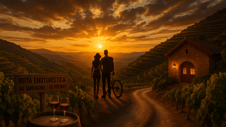 Viñedos en terrazas de Priorat al atardecer con copa de vino