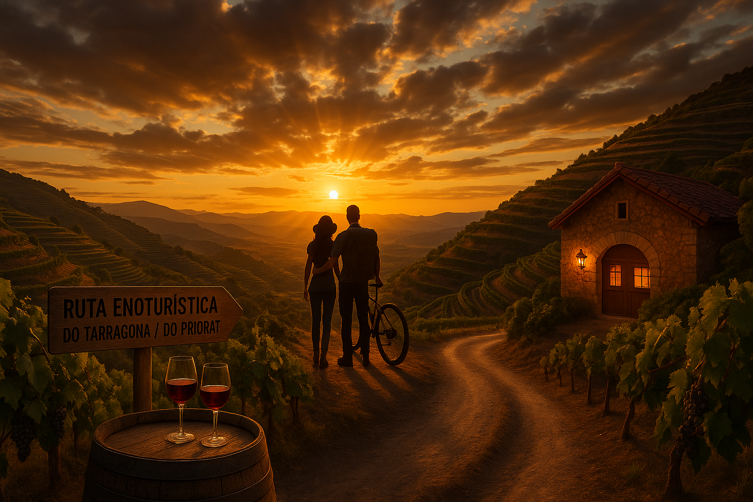 Viñedos en terrazas de Priorat al atardecer con copa de vino