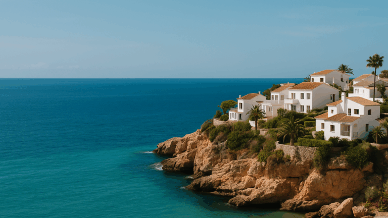 Casas blancas con tejados de teja junto al mar Mediterráneo, construidas sobre un acantilado con vegetación y agua turquesa.