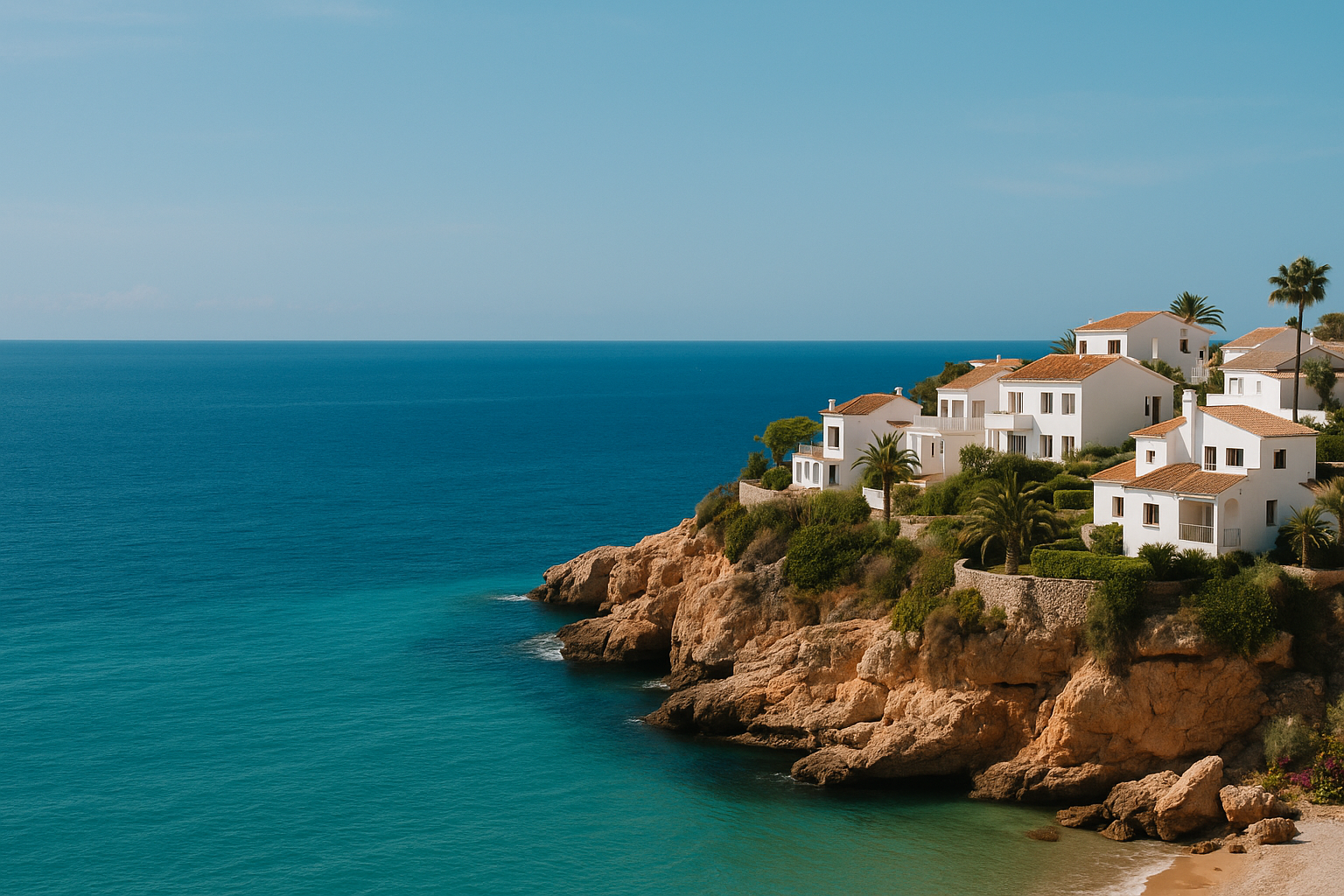 Casas blancas con tejados de teja junto al mar Mediterráneo, construidas sobre un acantilado con vegetación y agua turquesa.